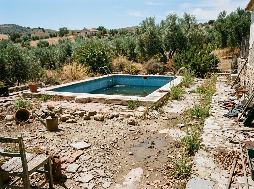 Antes: entorno de piscina con tierra, grava suelta y baldosas rotas en Cartaya, Huelva