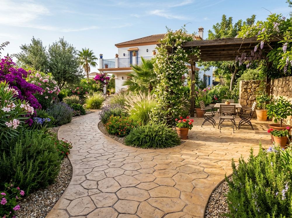Después: camino de jardín con hormigón impreso imitación piedra irregular en Almonte, Huelva